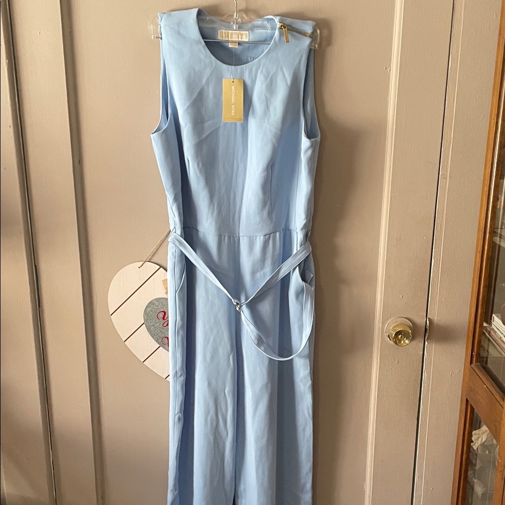 Michael Kors Light Blue Sleeveless Jumpsuit with Waist Tie